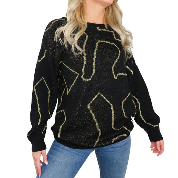 Kate Collins 1990s Vintage Black & Gold Chunky Knit Retro Sweater Medium Large - Picture 2 of 7